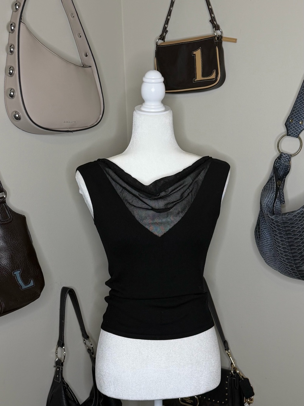 90s/00s Essendi Knit Top with Mesh V Neck - Size L - 72% Silk